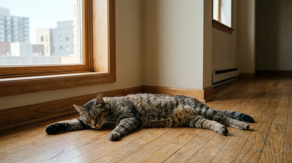signs indoor cat is bored oversleeping — cat asleep in the same spot for hours in an unstimulating apartment with no enrichment visible anywhere in the room