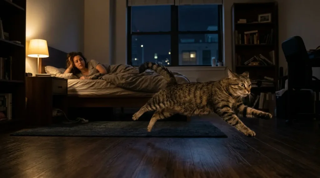 indoor cat bored restless energy — cat running frantically across an apartment at midnight with owner looking confused in bed background