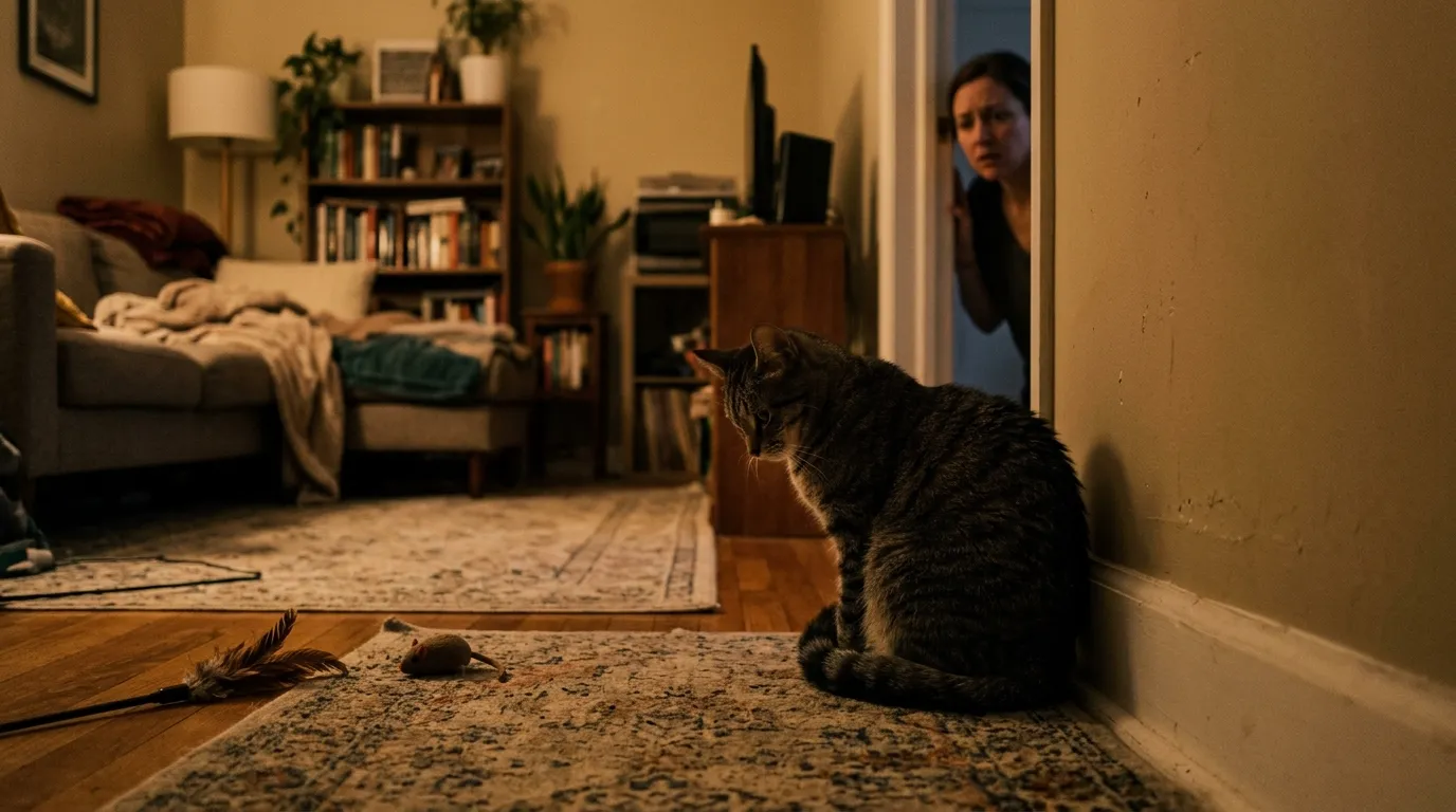 signs indoor cat is unhappy — tabby cat sitting alone in apartment corner with hunched posture ignoring toy while owner watches from doorway