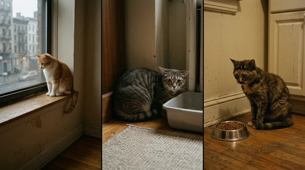 "indoor cat unhappy boredom stress medical difference — three cats showing bored stressed and unwell states in apartment"