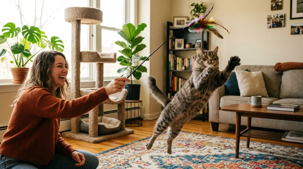 how to help unhappy indoor cat — owner playing wand toy with leaping tabby in bright enriched apartment living room