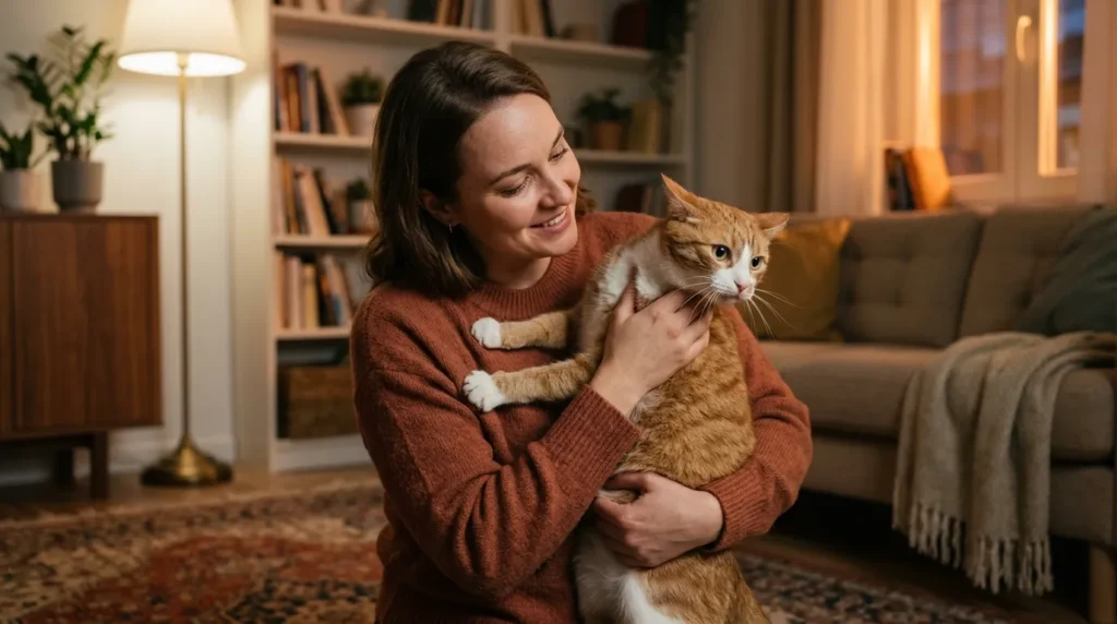 indoor cat unhappy mistakes — owner forcing contact on stressed cat with flattened ears pulling away in apartment"