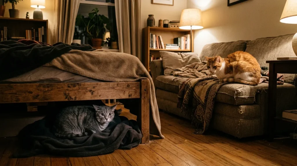 "signs indoor cat is unhappy ten signs — gray cat with flattened ears hiding under bed and hunched posture cat on sofa in apartment"