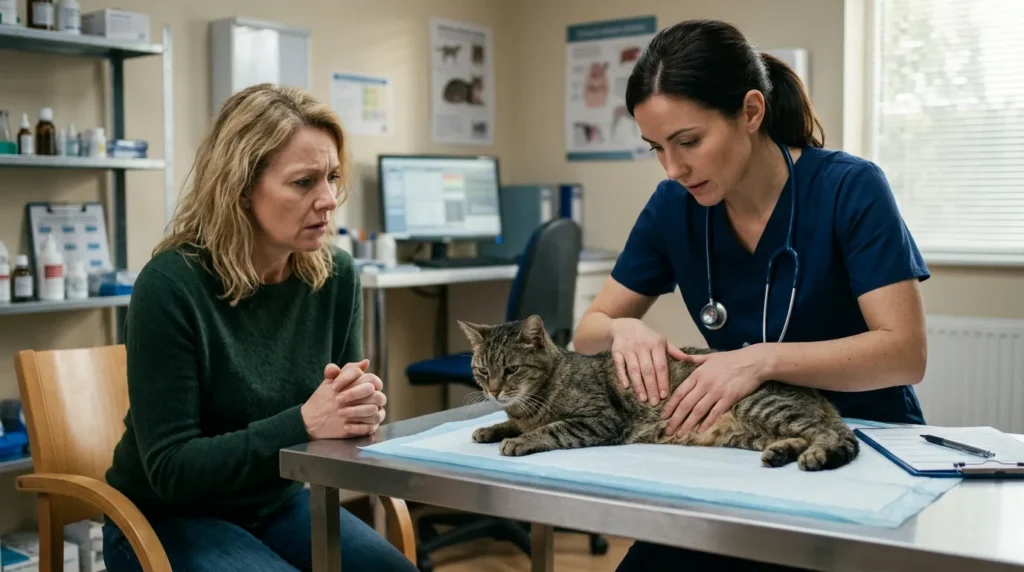 "indoor cat unhappy signs vet visit — vet examining thin dull-coated cat on clinic table while concerned owner watches" 