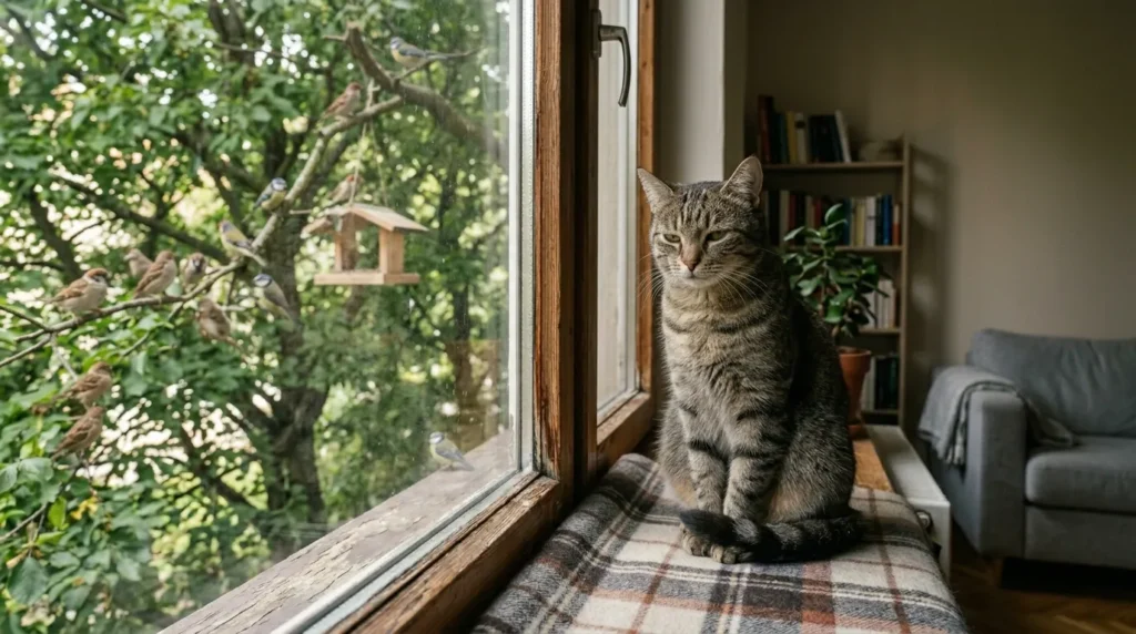 indoor cat unhappy vulnerability — tabby cat staring blankly through apartment window at birds communicating low stimulation and boredom