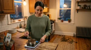 structured feeding schedule indoor cat always hungry — owner measuring precise kibble portion on kitchen scale with patient cat watching