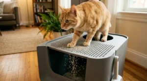 top entry litter box lid exit — cat stepping out through the textured perforated top lid of a top-entry litter box with litter particles falling back into the box