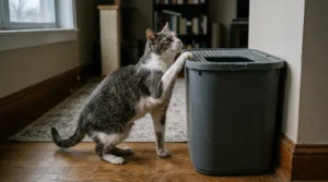  senior cat litter box access problem — older arthritic cat struggling to jump up to reach the opening of a top-entry litter box