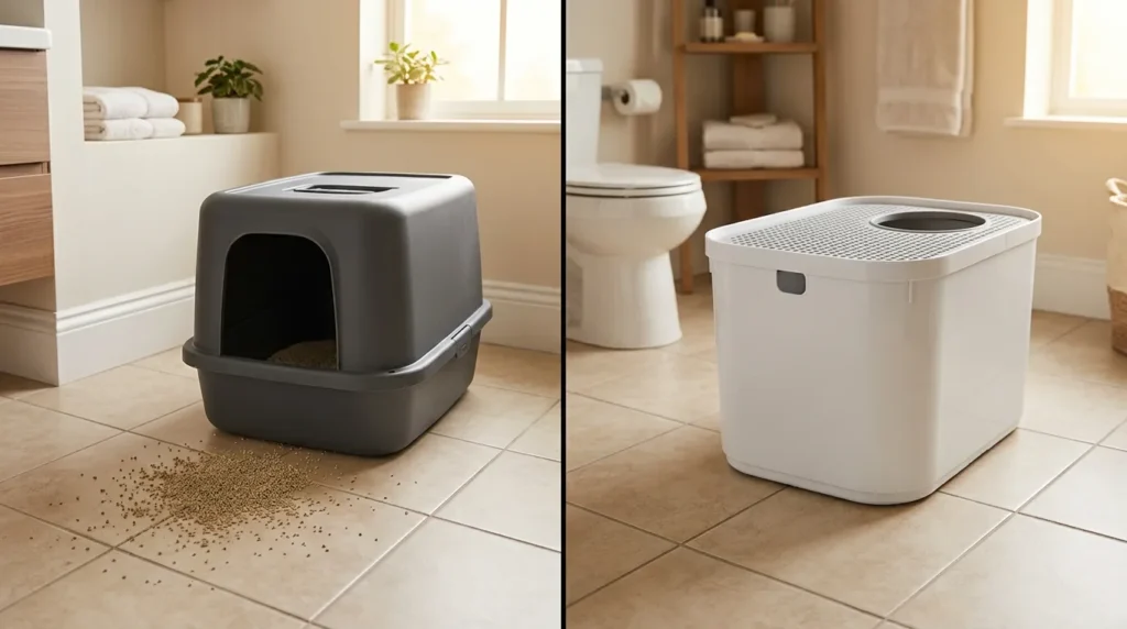 top entry vs front entry litter box comparison — side by side of litter scatter visible from a front entry box versus clean floor beside a top entry box