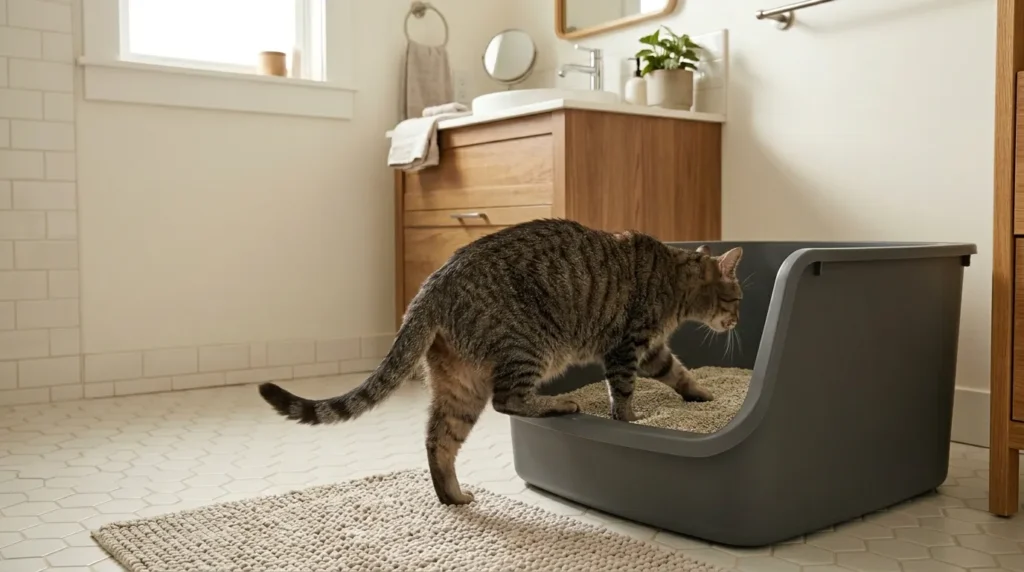 front entry litter box explained — senior cat walking easily through the low front opening of a large high-sided open litter box showing accessible design