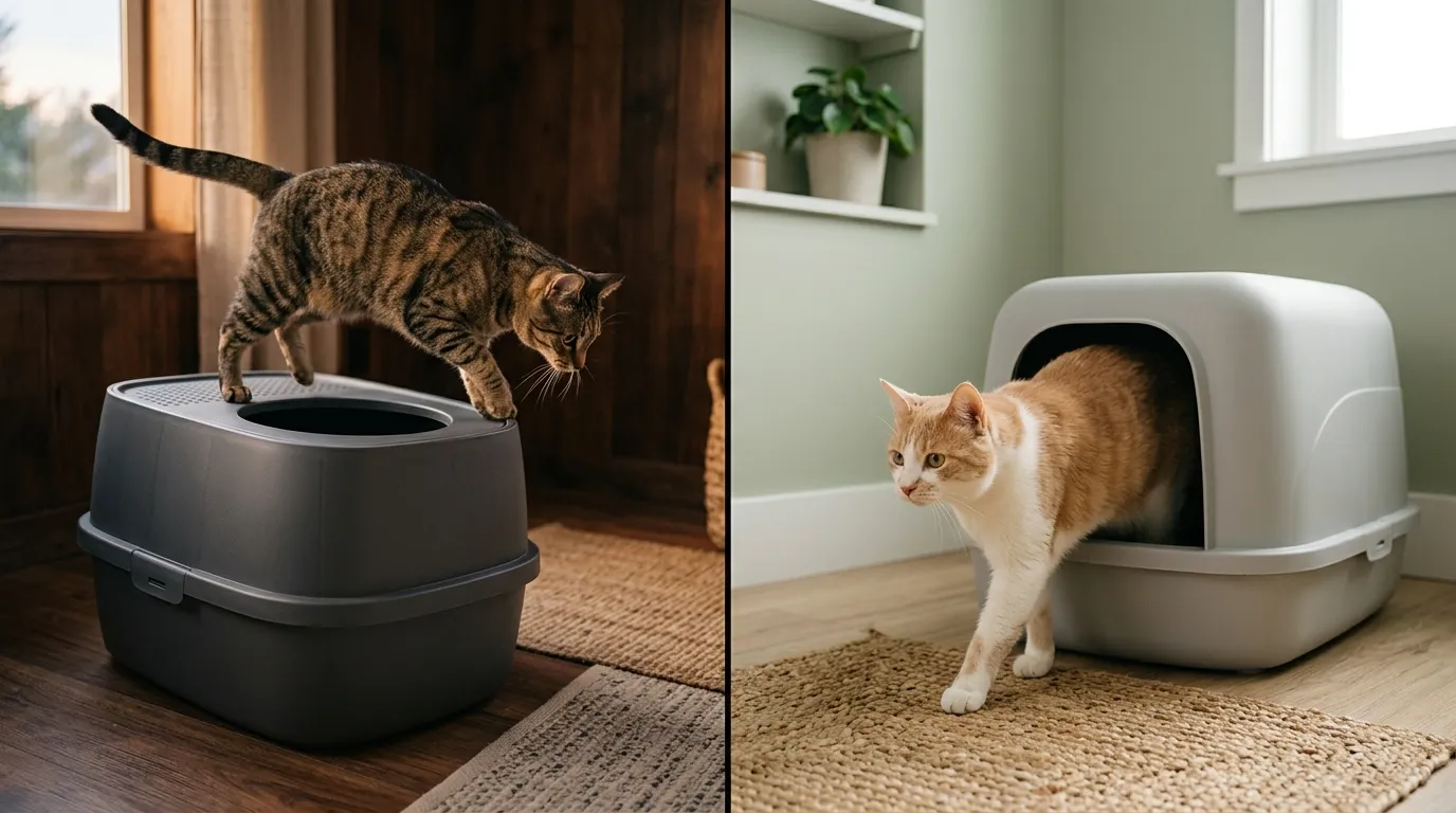 top entry vs front entry litter box — split scene showing cat jumping into a top entry box on the left and cat walking into a front entry box on the right