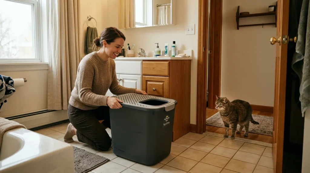 litter box design mistake — owner choosing a top entry box for an elderly arthritic cat without considering the accessibility problem