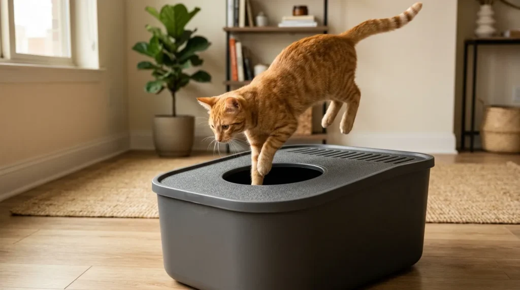 top entry litter box explained — agile young cat jumping down into the opening of a modern top-loading litter box in an apartment