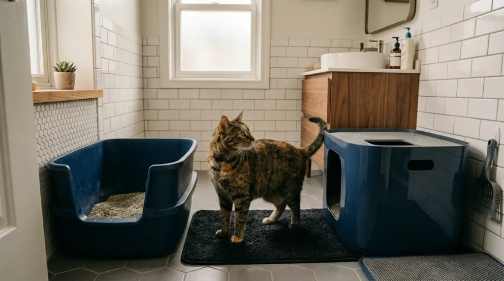 which litter box is better for your cat — cat choosing between a top entry and front entry box in an apartment bathroom showing preference assessment 