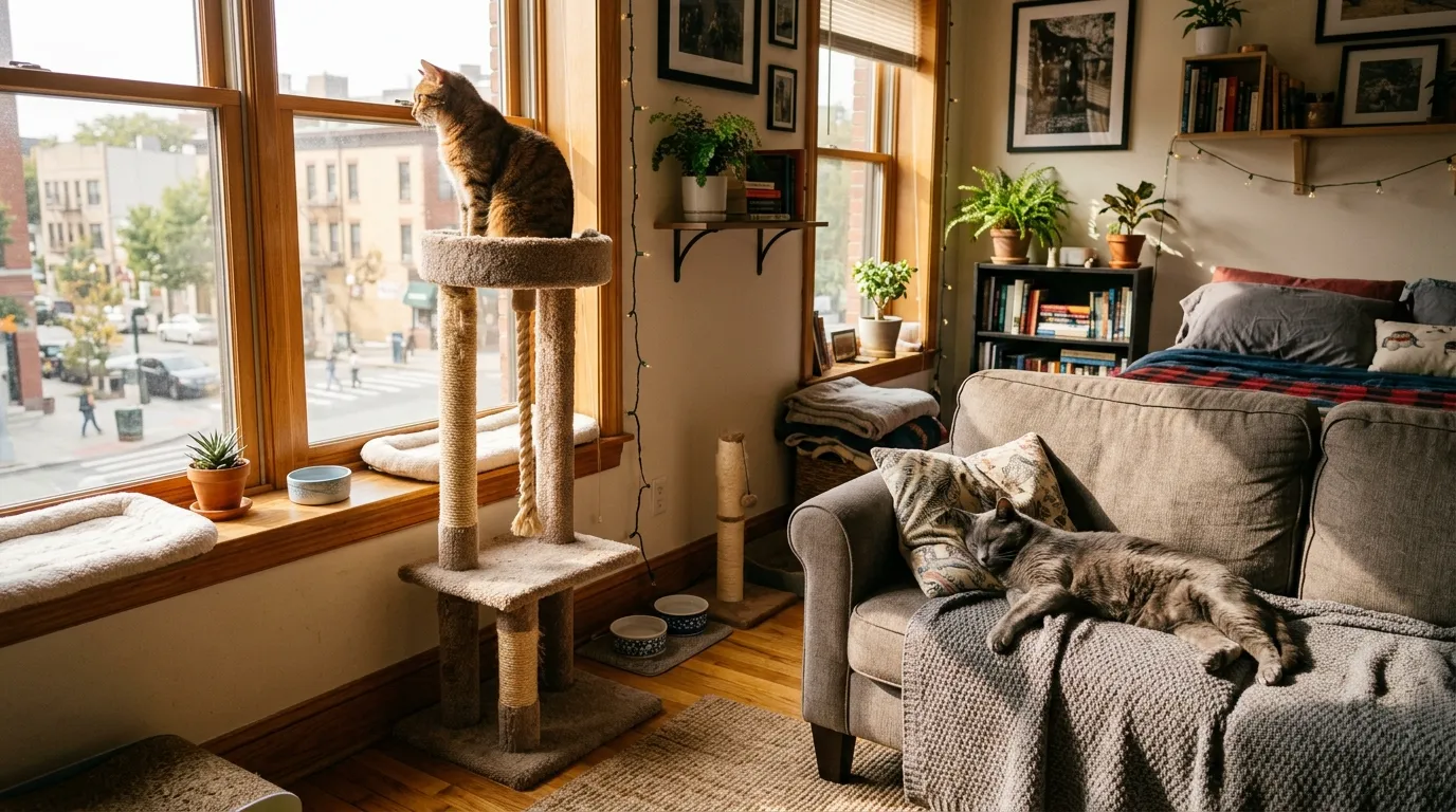 two cats in a small apartment — tabby cat on cat tree and gray cat on sofa peacefully sharing compact apartment living room