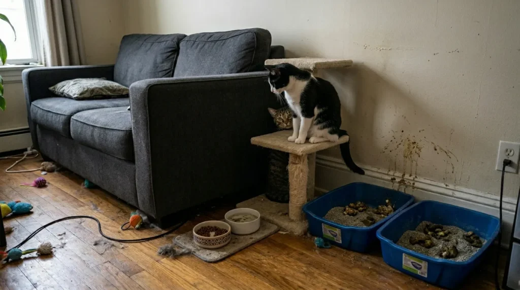 two cats small apartment mistakes — stressed cat hiding behind sofa while second cat guards only cat tree above