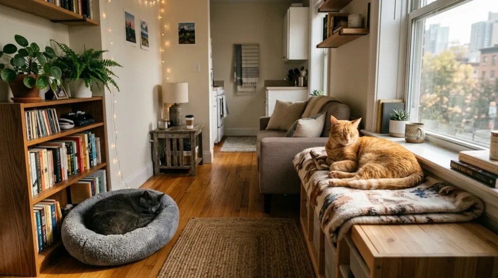two cats small apartment happiness — one cat on window perch and one sleeping on bed in compact studio apartment