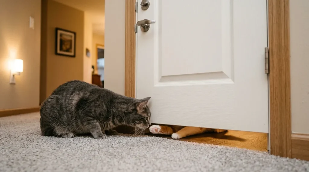 introducing second cat small apartment — resident cat sniffing under closed door at new cat in safe room