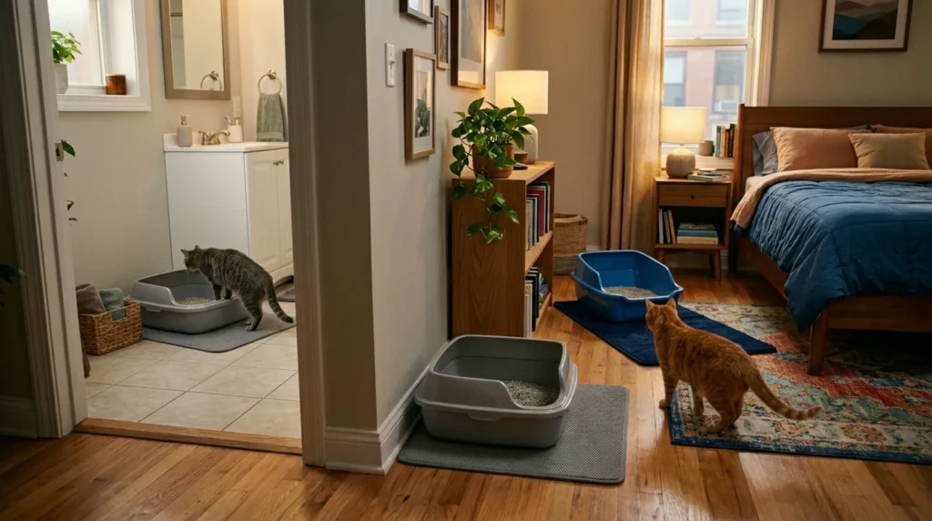 N plus one litter box rule two cats small apartment — three litter boxes in separate apartment locations with two cats
