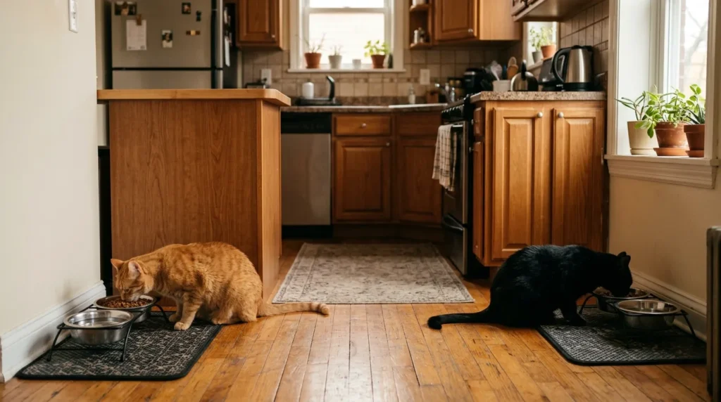 separate feeding stations two cats apartment — orange cat and black cat eating at separate stations on opposite sides of kitchen