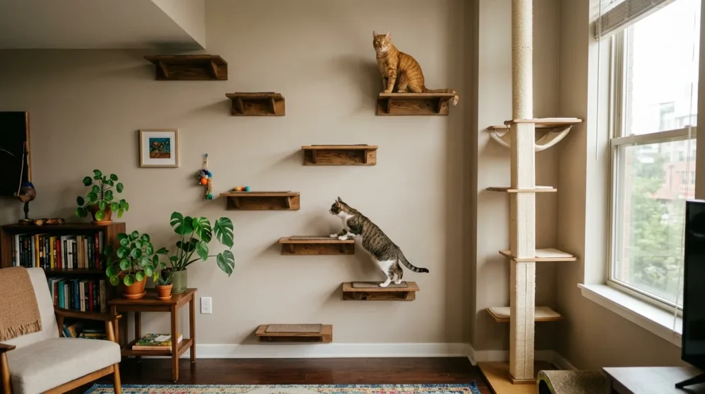 vertical space two cats small apartment — two cats on staggered wall shelves and cat tree in compact apartment