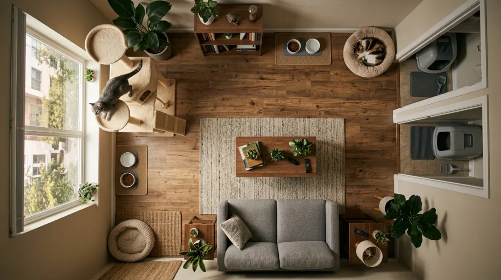 two cats small apartment zones — apartment layout showing separate feeding litter resting and climbing zones for two cats