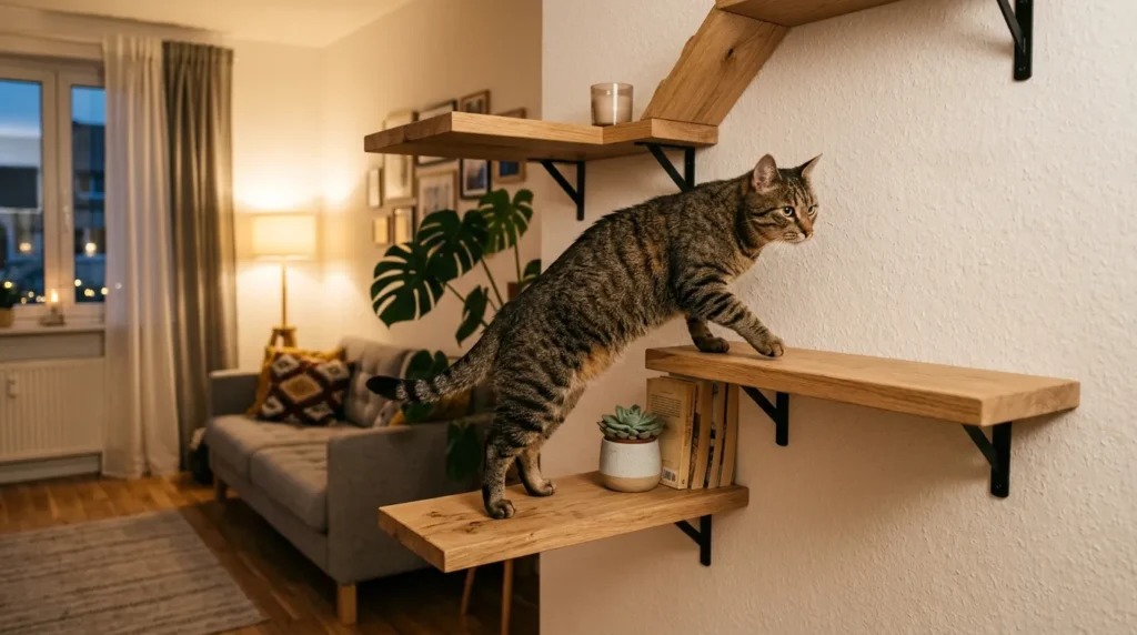 environmental complexity — a cat mid-step between two wall shelves creating a connected aerial path in a living room