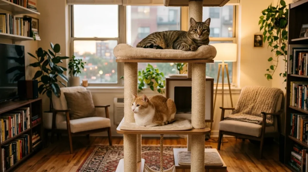 hierarchical displacement — two cats resting on different levels of a tall cat tree without conflict
