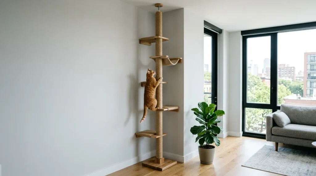 wall-mounted cat furniture — a tension-mounted floor-to-ceiling cat pole in a modern apartment corner