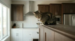  feline territorial confidence — a cat sitting on top of a kitchen cabinet surveying the room below
