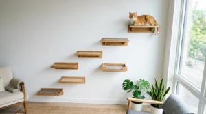 cat shelves — staggered wooden wall-mounted cat shelves on a white apartment wall