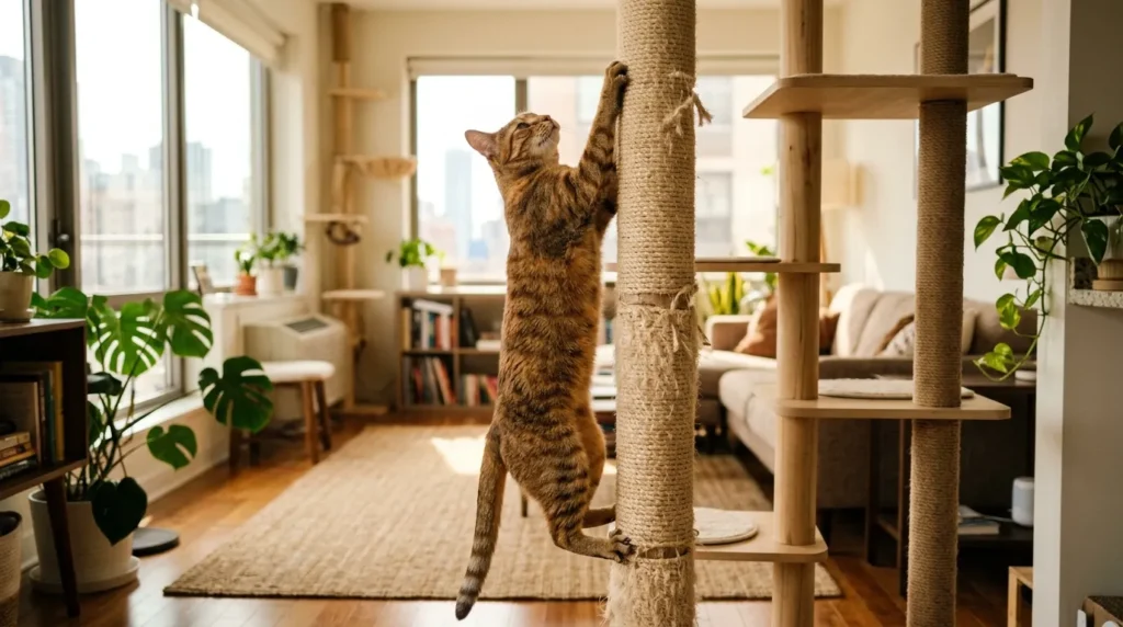 feline enrichment — a cat stretching its full body against a tall sisal-wrapped floor-to-ceiling tree