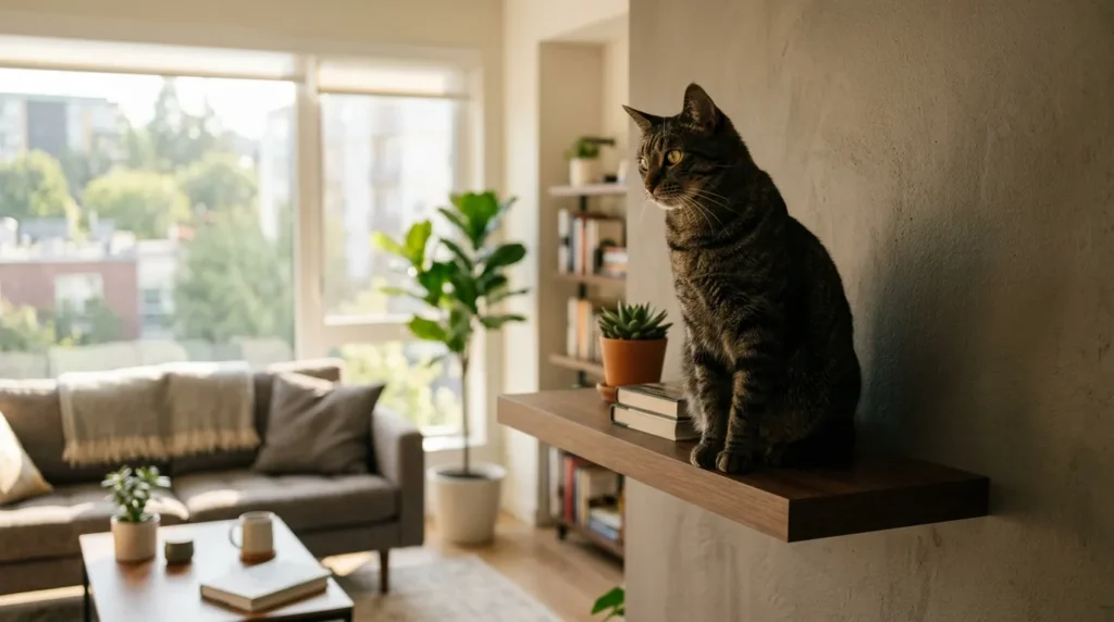 vertical space for indoor cats why important — a cat sitting alert on a high shelf with a full view of the apartment below