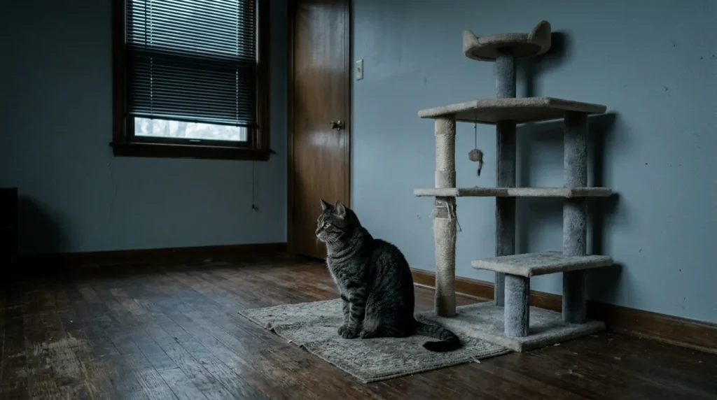 vertical space mistake — a cat ignoring an isolated cat tree placed in an empty spare room corner