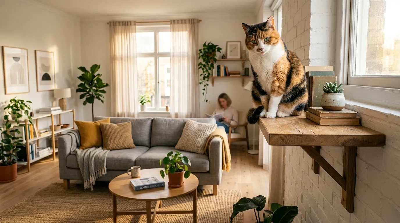 vertical space for indoor cats why important — a calico cat sitting confidently on a high wall shelf looking down at a sunlit modern living room