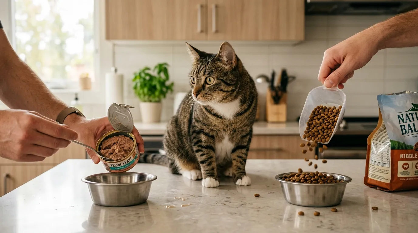 wet food vs dry food for indoor cats — tabby cat sitting between wet food bowl and dry kibble bowl in apartment kitchen