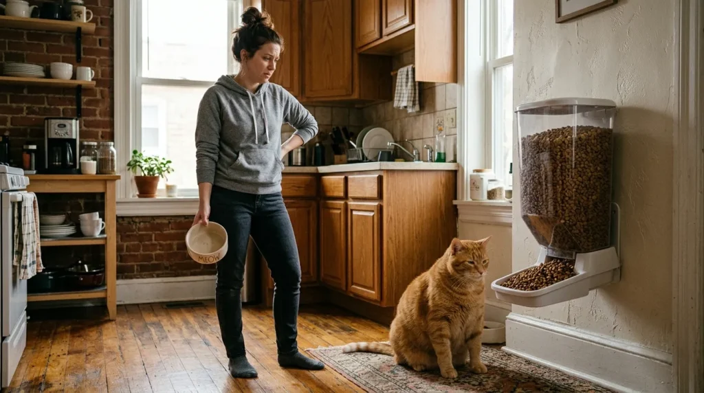 wet food vs dry food indoor cat mistake — overweight cat near full dry food dispenser while owner holds empty bowl in apartment kitchen