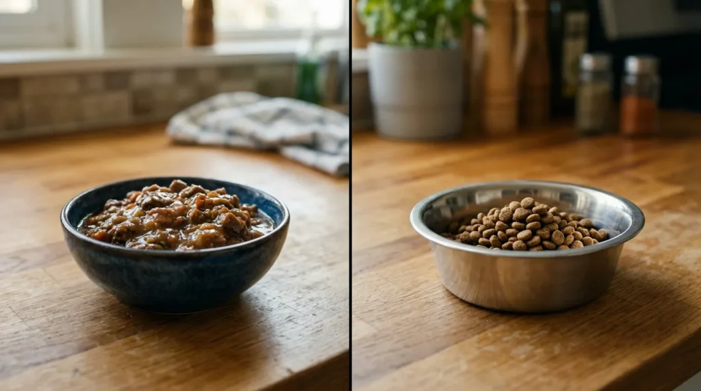 wet food vs dry food for indoor cats direct comparison — ceramic bowl of wet food beside steel bowl of dry kibble in apartment kitchen