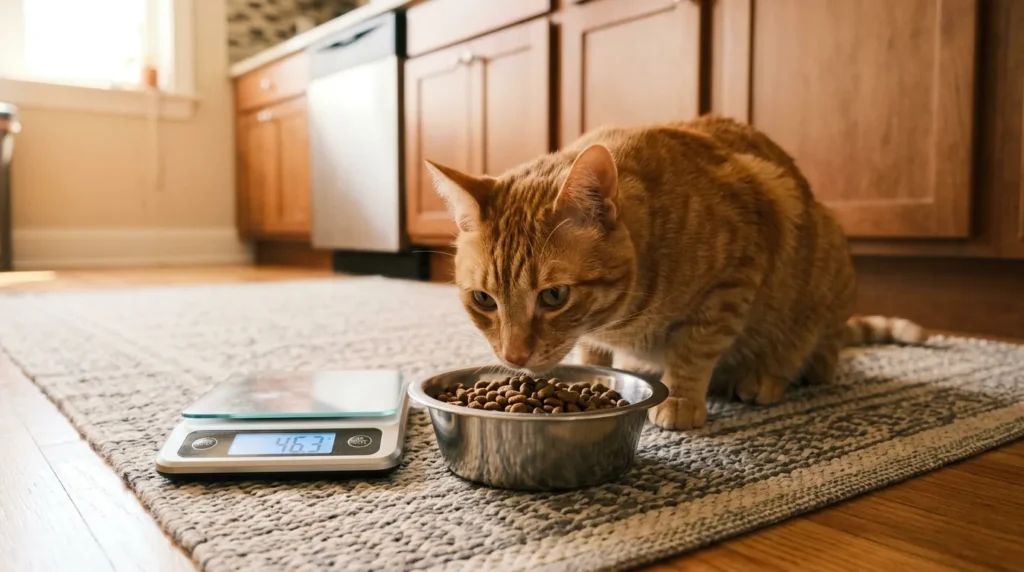 what is dry food indoor cats — measured kibble in bowl beside kitchen scale with orange cat sniffing in apartment kitchen