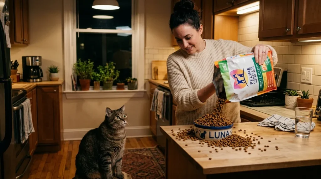 wet dry food indoor cat feeding mistakes — owner over-pouring dry kibble into bowl with overweight cat watching in apartment kitchen