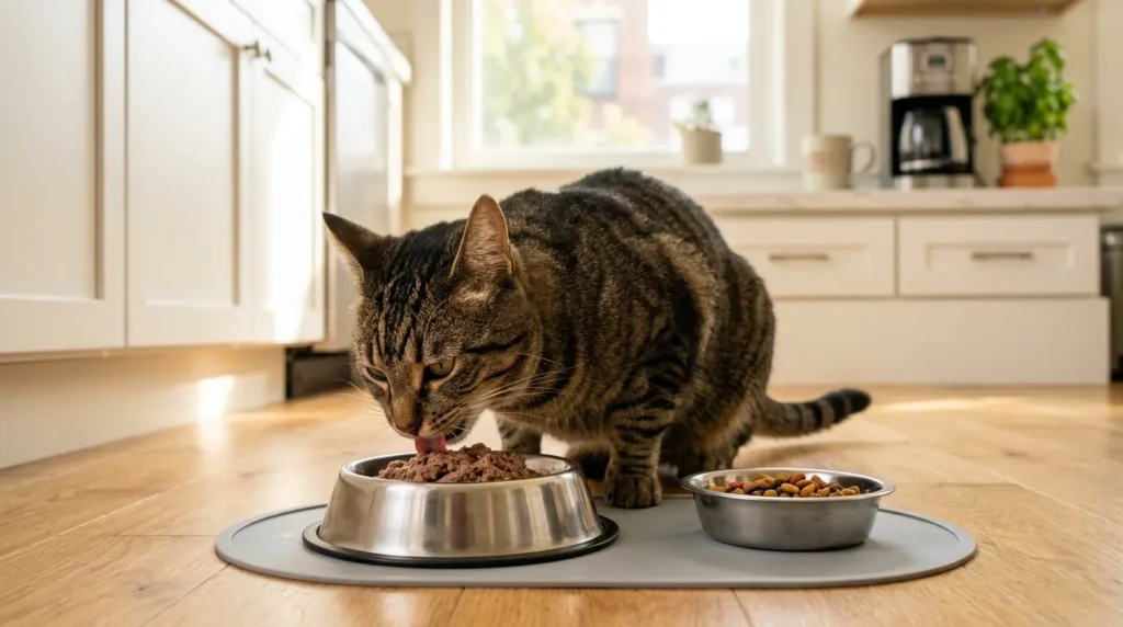 wet food vs dry food indoor cats verdict — healthy tabby cat eating wet food with small dry food portion beside it in apartment kitchen