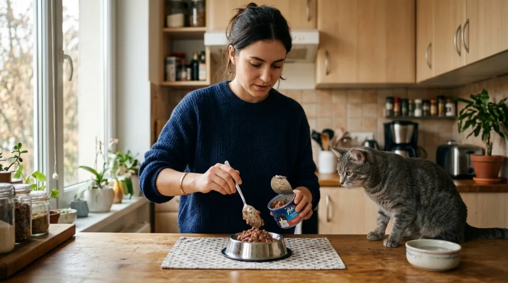 what is wet food indoor cats — person spooning canned food into bowl while interested gray cat watches in apartment kitchen
