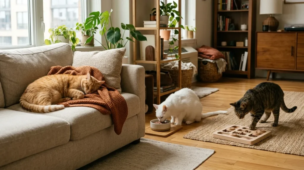which wet or dry food better indoor cat situation — overweight cat senior cat and young cat at puzzle feeder in apartment