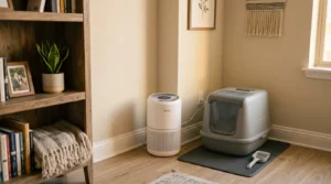 litter box odor solution apartment — small HEPA air purifier running beside a litter box in a compact apartment corner