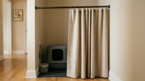 litter box hiding idea apartment — tension rod curtain screening a litter box in an apartment hallway corner