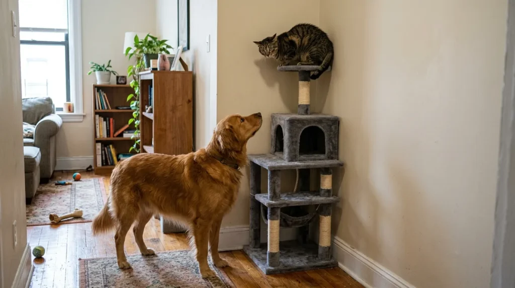 cat tree small apartment dead end corner mistake — cat on tree in corner with no escape route past dog in apartment
