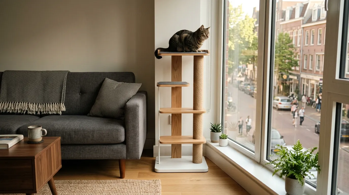 where to put cat tree in small apartment — slim modern cat tree between sofa and window with cat watching street below