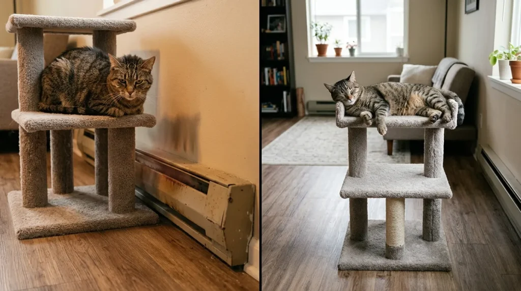 cat tree placement hazard near heater — cat uncomfortable on tree near baseboard heater versus relaxed with tree moved away