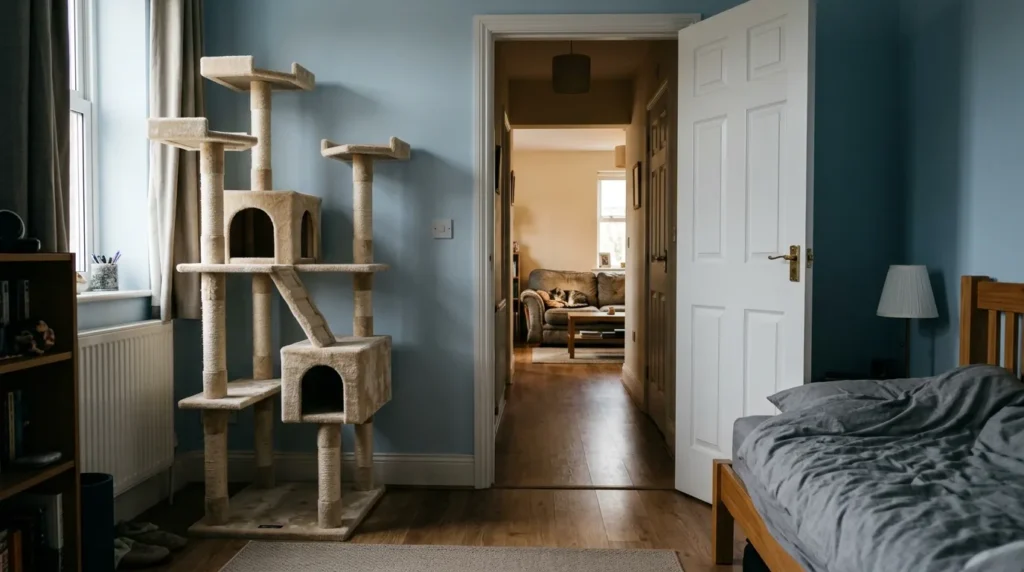 cat tree placement mistake small apartment — unused cat tree in isolated bedroom while cat stays on couch in main room