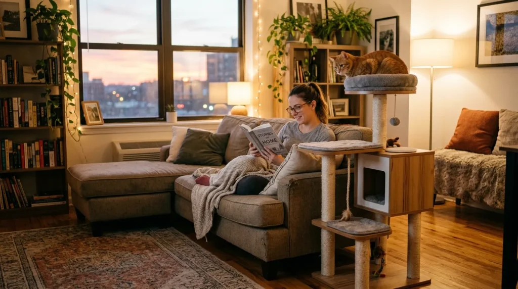 where to put cat tree small apartment social placement — cat on tree watching owner on sofa in main apartment living area